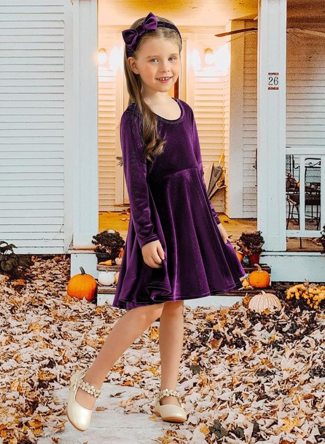 URMAGIC Toddler Girl Fall Winter Clothes Velvet Long Sleeve Swing Twirl Skater Dress with Hairband Baby Christmas Outfit 2-7Y Purple - Image 4