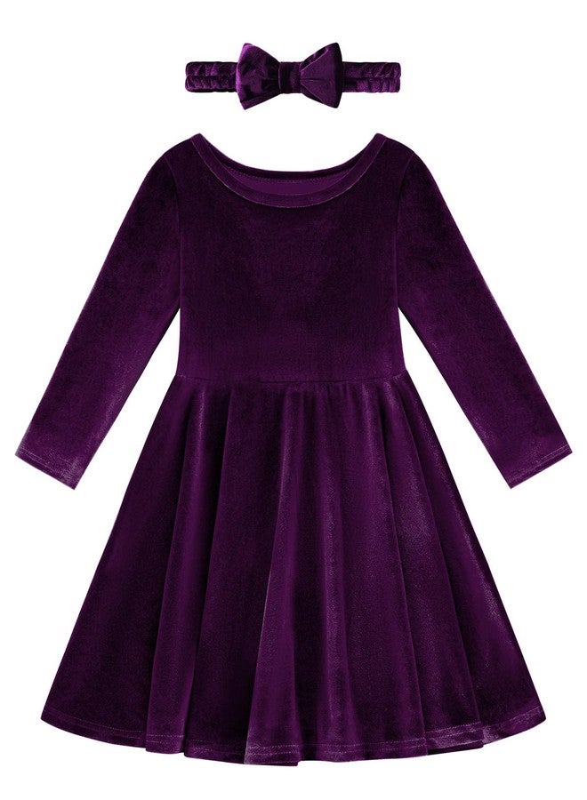 URMAGIC Toddler Girl Fall Winter Clothes Velvet Long Sleeve Swing Twirl Skater Dress with Hairband Baby Christmas Outfit 2-7Y Purple - Image 1