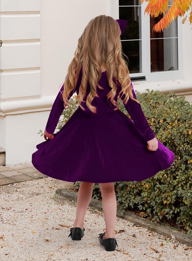 URMAGIC Toddler Girl Fall Winter Clothes Velvet Long Sleeve Swing Twirl Skater Dress with Hairband Baby Christmas Outfit 2-7Y Purple - Image 3