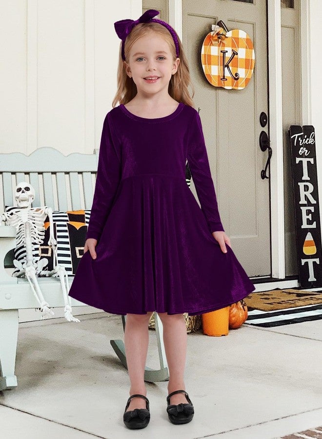 URMAGIC Toddler Girl Fall Winter Clothes Velvet Long Sleeve Swing Twirl Skater Dress with Hairband Baby Christmas Outfit 2-7Y Purple - Image 2