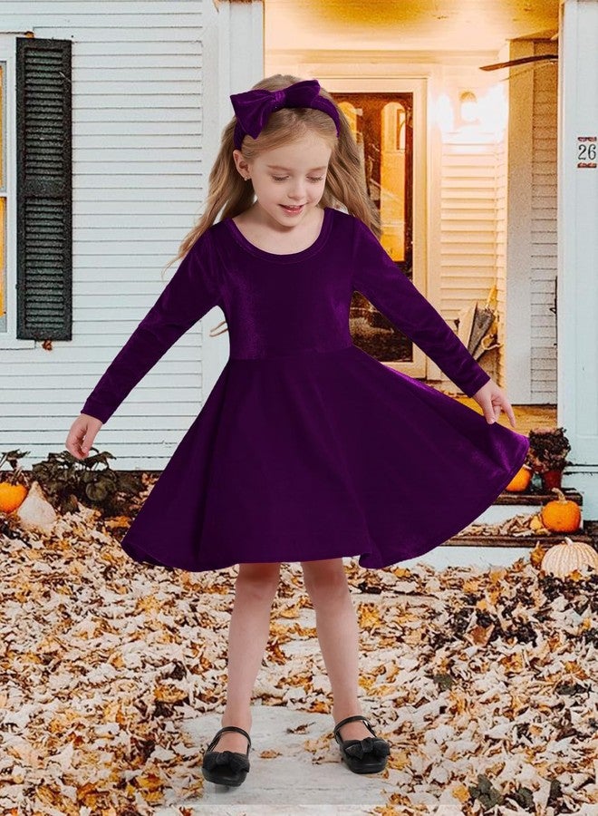 URMAGIC Toddler Girl Fall Winter Clothes Velvet Long Sleeve Swing Twirl Skater Dress with Hairband Baby Christmas Outfit 2-7Y Purple - Image 5
