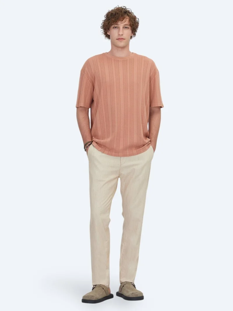 Kip Dark Salmon Striped 100% Cotton T-Shirt