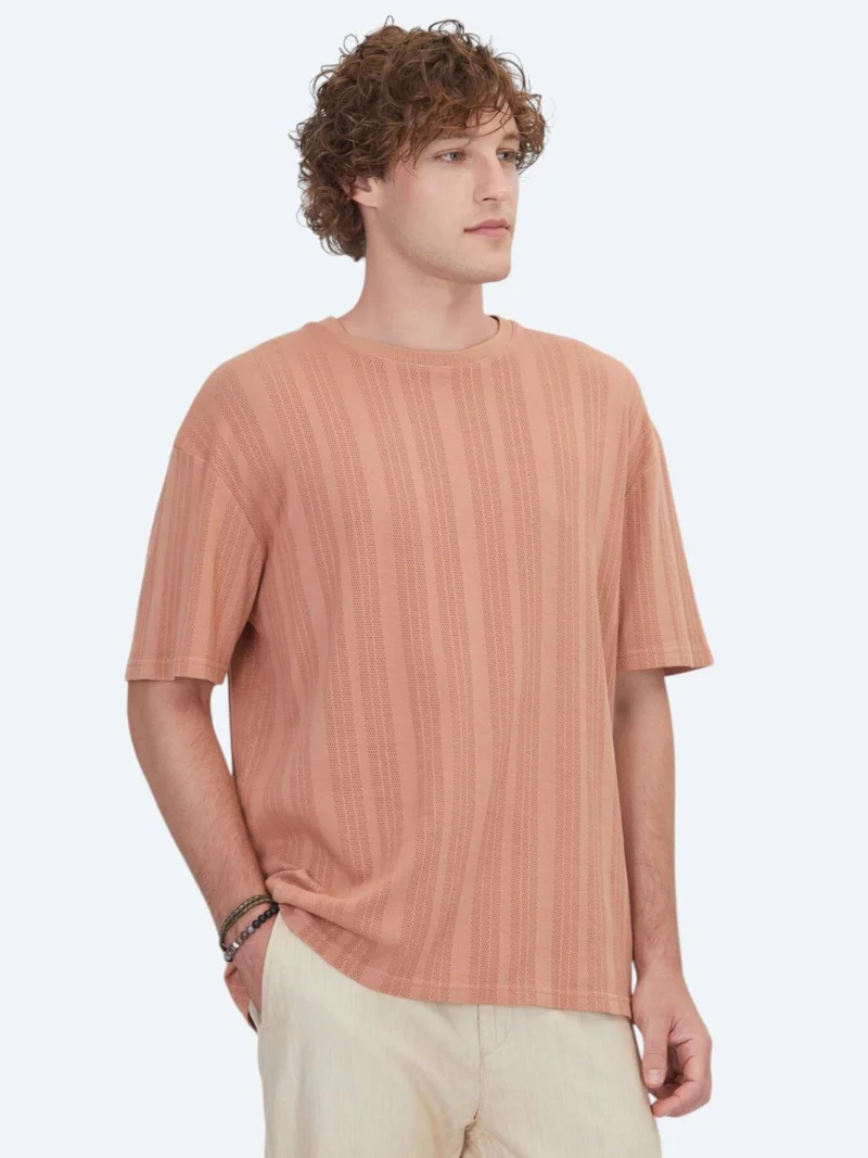 Kip Dark Salmon Striped 100% Cotton T-Shirt