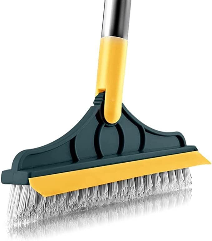 RRJ 2 in 1 Floor Scrub Brush with Squeegee Floor Brush Scrubber with Long Handle Premium Rotating Bathroom Kitchen Crevice Cleaning Brush 120 Degree Triangular Rotating Brush Head