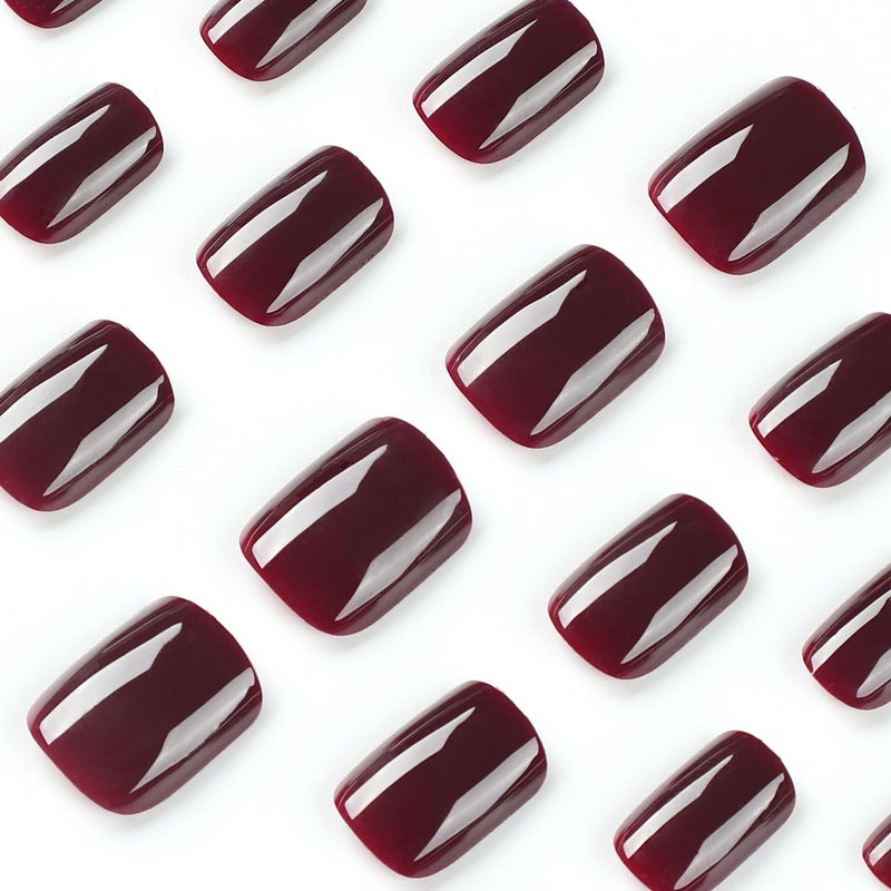 GRITOSE Extra Short Press on Nails Square Wine Red Fake Nails Petite Solid Color Acrylic Nails Fall Short False Nails with Designs Artificial Stick on Nails for Women Girls DIY Manicure Decorations - Image 4