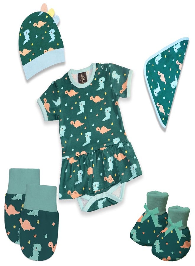 Adhigams New Born Baby Girl Caps/Rompers/Mittons/Booties/Napkins Clothing Gift Set -5 Pieces Dino Doodle (Green) for 9-12 Months - Image 1