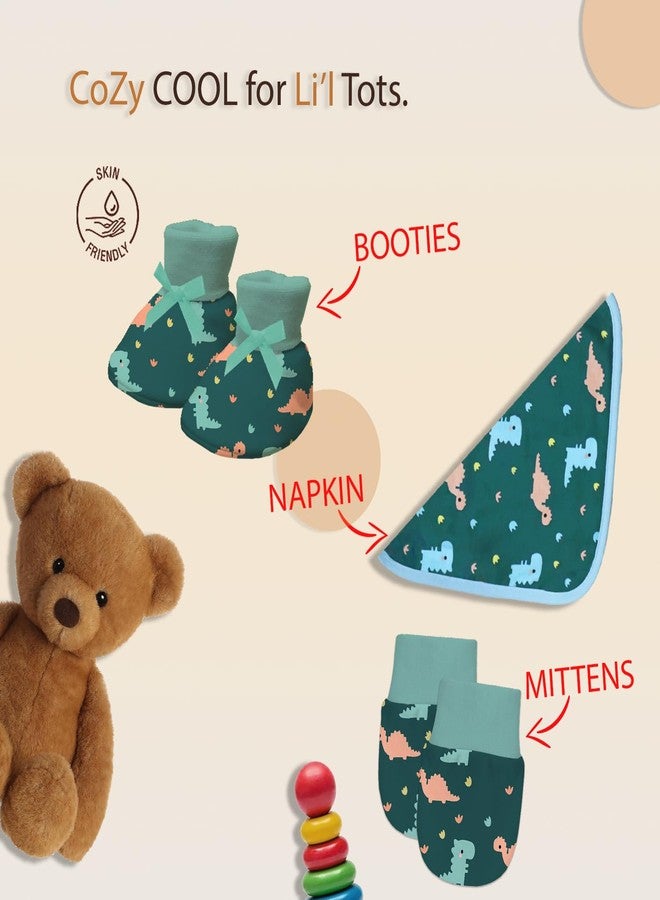 Adhigams New Born Baby Girl Caps/Rompers/Mittons/Booties/Napkins Clothing Gift Set -5 Pieces Dino Doodle (Green) for 9-12 Months - Image 3