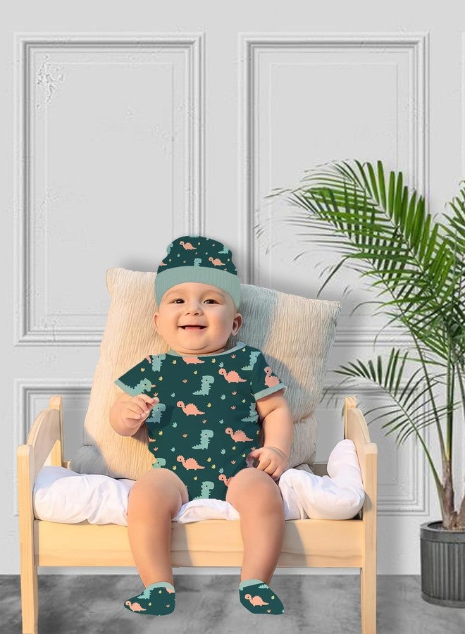 Adhigams New Born Baby Girl Caps/Rompers/Mittons/Booties/Napkins Clothing Gift Set -5 Pieces Dino Doodle (Green) for 9-12 Months - Image 4