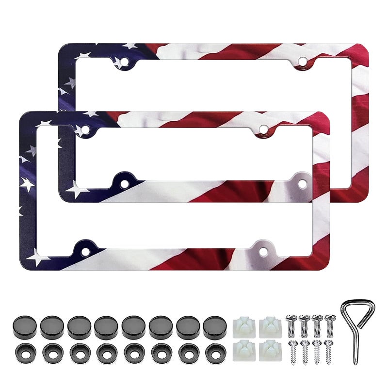 LIN KANG American Flag License Plate Frame Holder 2 Pack Patriotic Universal Aluminum Matte Stripe US Flag Gloss Car Plate Frame Covers Accessory with 4 Holes and Screws Fasteners Caps - Image 3