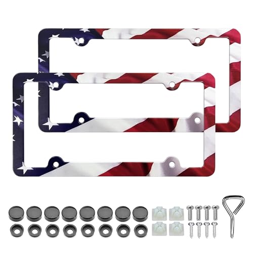 LIN KANG American Flag License Plate Frame Holder 2 Pack Patriotic Universal Aluminum Matte Stripe US Flag Gloss Car Plate Frame Covers Accessory with 4 Holes and Screws Fasteners Caps - Image 1