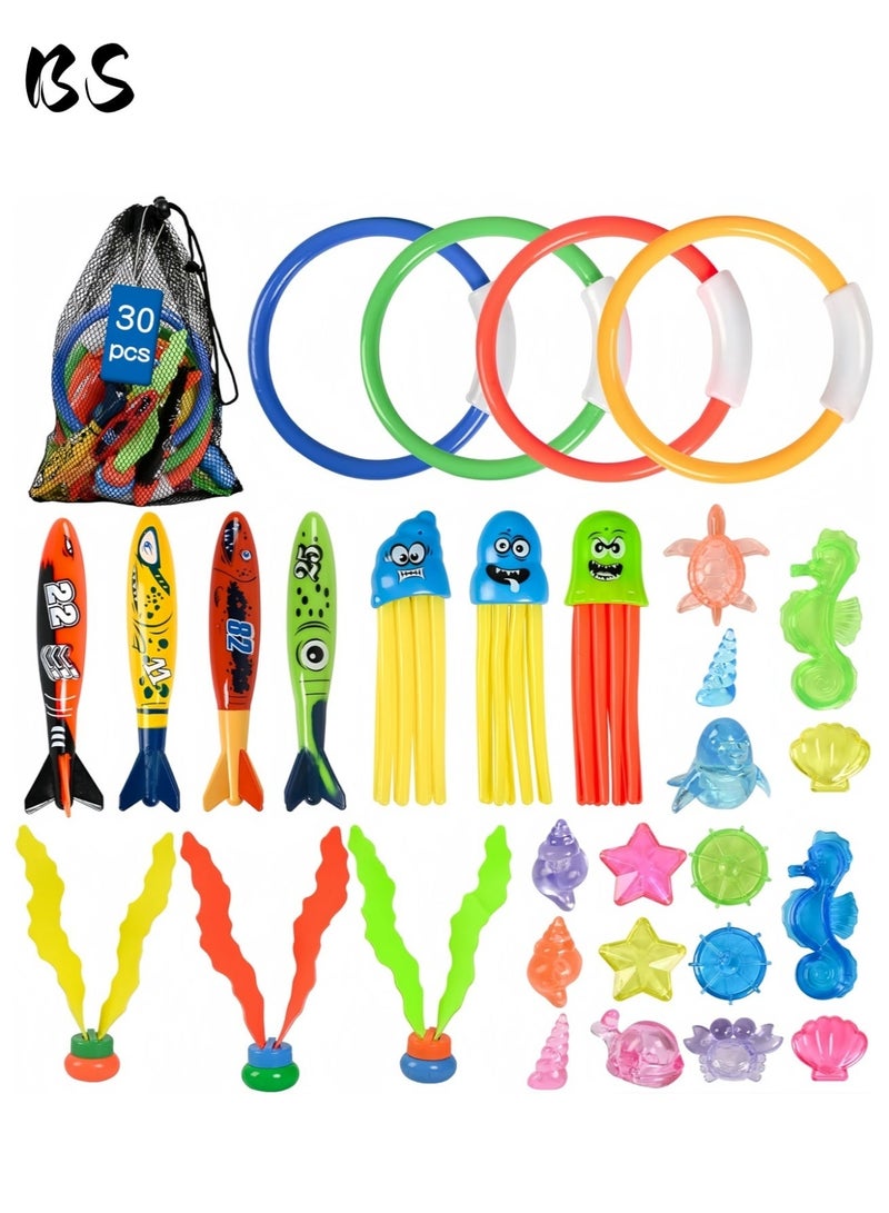 BS 30 Pcs Diving Pool Toys for Kids | with Diving seaweed,Diving gems, Dive Rings, Torpedo Bandits | with Storage Mesh Bag  | Summer Pool Party | Swimming Training Toys - Image 1