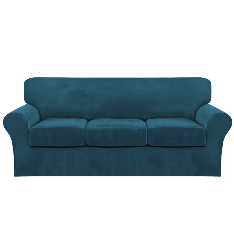 FantasDecor 4 Piece Sofa Velvet Couch Covers for 3 Cushion Stretch Slipcover with Individual Seat Cushion Elastic Furniture Protector for Pets Machine Washable Sofa Deep Teal