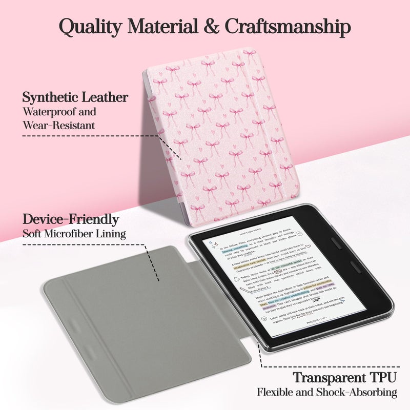 Vane Oak Magnetic Detachable Case for 7" Kobo Libra Colour (2024) / Kobo Libra 2 (2021), Slim PU Leather Case and Ultra Clear TPU Back Cover with Auto Wake/Sleep, Pink Bow Tie - Image 4