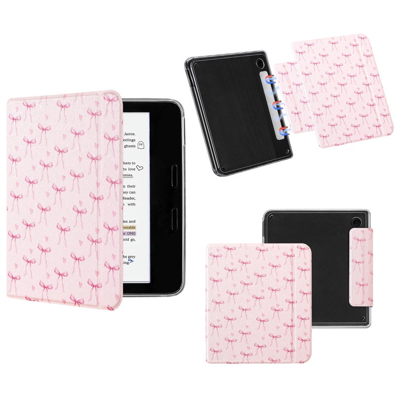 Vane Oak Magnetic Detachable Case for 7" Kobo Libra Colour (2024) / Kobo Libra 2 (2021), Slim PU Leather Case and Ultra Clear TPU Back Cover with Auto Wake/Sleep, Pink Bow Tie - Image 1