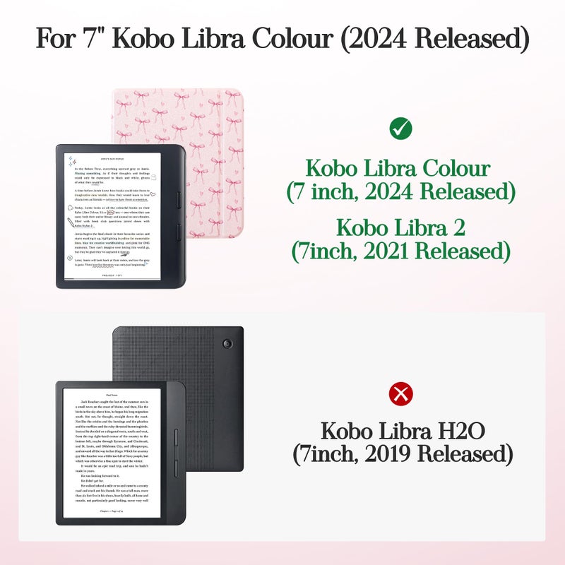 Vane Oak Magnetic Detachable Case for 7" Kobo Libra Colour (2024) / Kobo Libra 2 (2021), Slim PU Leather Case and Ultra Clear TPU Back Cover with Auto Wake/Sleep, Pink Bow Tie - Image 2