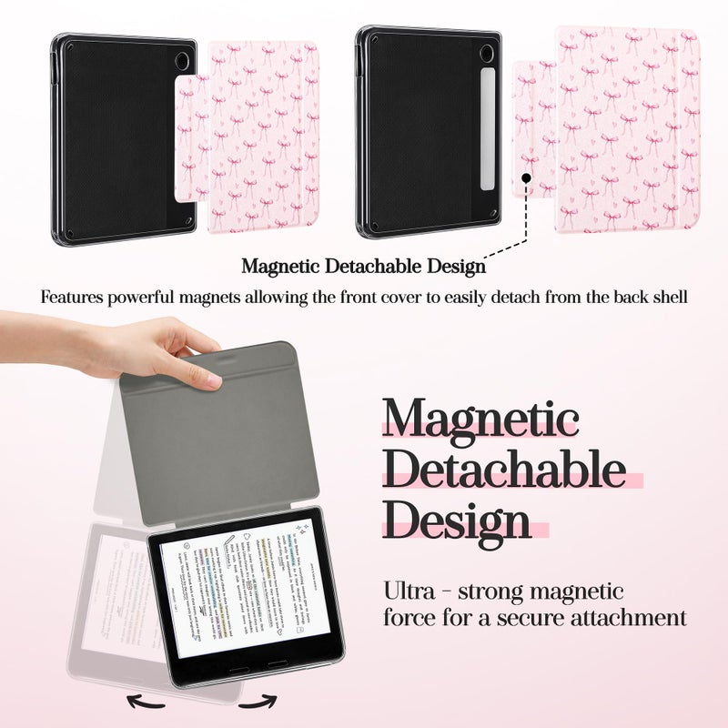Vane Oak Magnetic Detachable Case for 7" Kobo Libra Colour (2024) / Kobo Libra 2 (2021), Slim PU Leather Case and Ultra Clear TPU Back Cover with Auto Wake/Sleep, Pink Bow Tie - Image 3