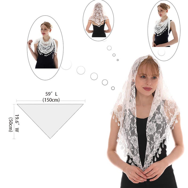 LMVERNA Mass Veil Catholic Church Mantilla Chapel Lace Shawl or Scarf Latin Mass Head Cover with a Handy Storage Pouch (White) - Image 2