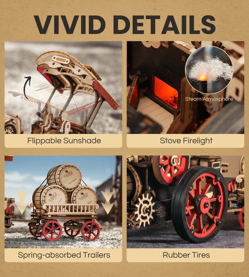 Wowood 3D Wooden Puzzles for Adults, Steam Locomotive Model Cars Kits for Adults, 3D Wood Puzzle Adult, Valentines Day Gift Model Building Kits, Train/Hobbies/Crafts - Image 3
