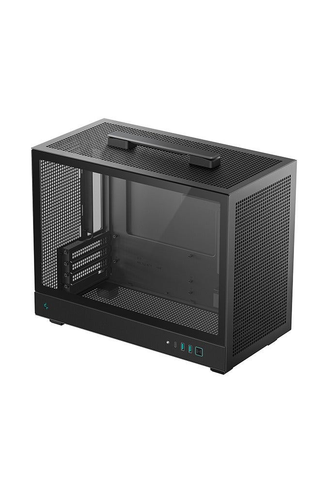 ديب كول حقيبة كمبيوتر محمولة CH160 PLUS صغيرة الحجم، تدعم اللوحات الأم Micro-ATX و Mini-ITX، 4 فتحات توسعة، 1 × 3.5 بوصة + 2 × 2.5 بوصة، مقبض علوي، منفذ USB 3.0 + USB-C الجيل الثاني، تدفق هواء عالي مع ألواح شبكية، دعامة مشعاع (120/240 مم)، لوحة جانبية من الزجاج المقسّى، أسود | R-CH160-BKNGM0-G - Image 1