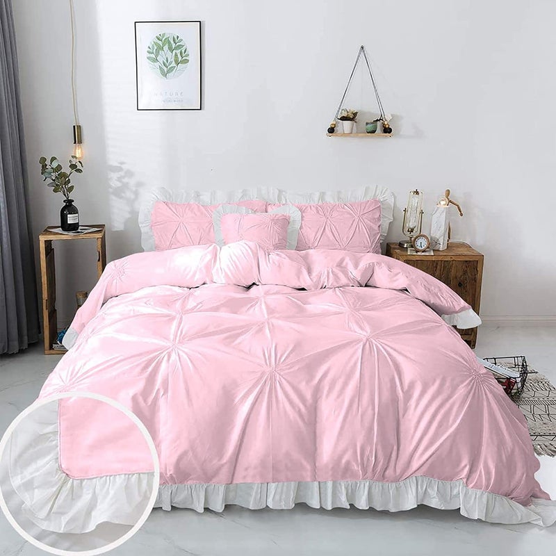 EASY BEDDING 300 TC Pinch Ruffle Solid 2 Tone DuvetRazaiBlanket Cover With 2 Pillow Cover 100 CottonZipper ClosureRazai Cover 3 Pc SetSoftLightweightSingle Size WhitePink - Image 1