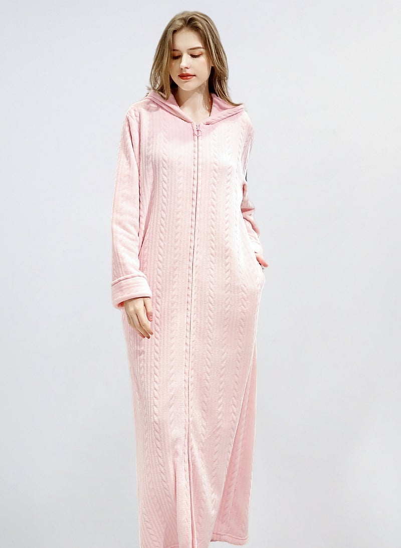 Loquat Winter Long Thick Zipper Nightgown Flannel Hooded Bathrobe Pajamas Pink