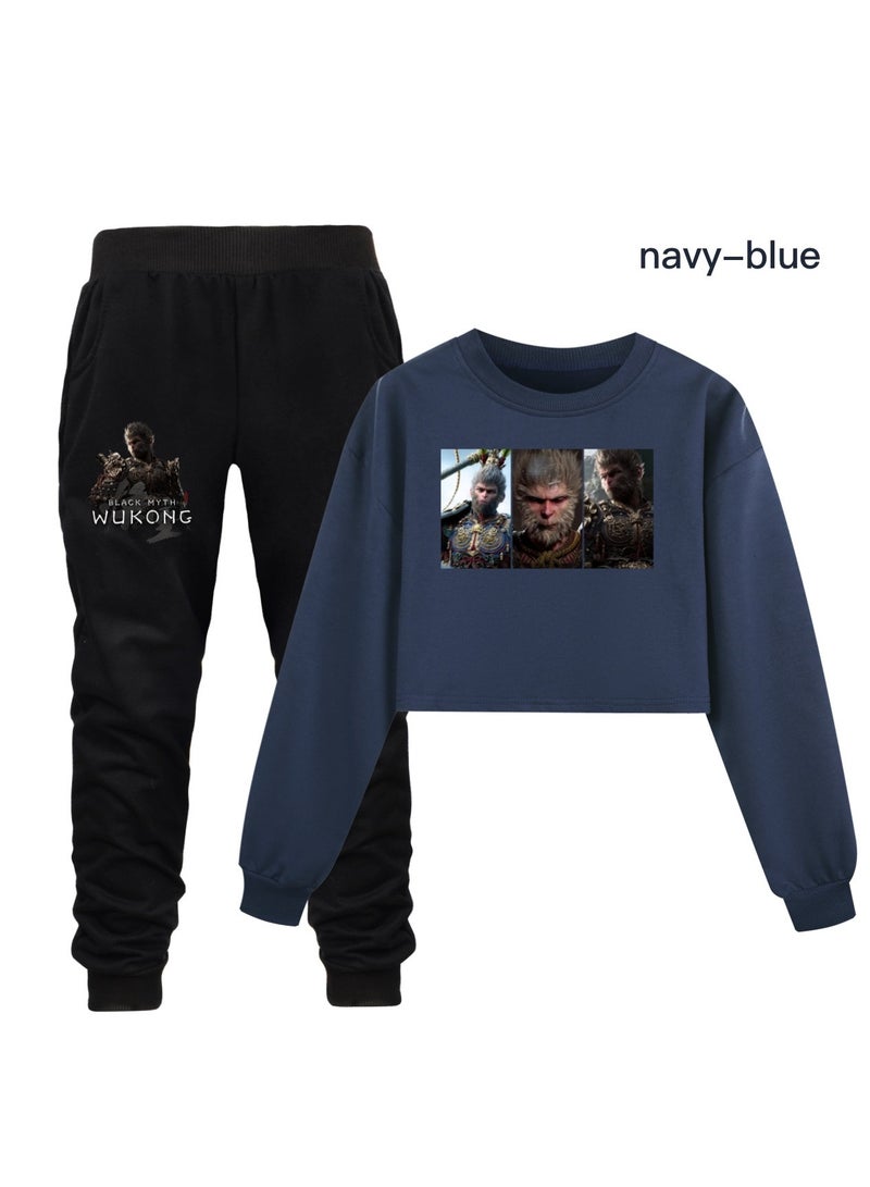 MQD Black Myth Wukong Girl Half Waist Loose Hoodie Sports and Leisure Set 