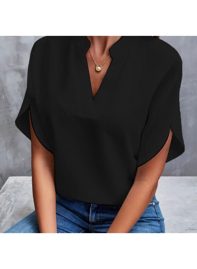 VUELO Summer New V-neck Shirt Women's Solid Color Casual All-match European And American Short-sleeved Pullover Shirt