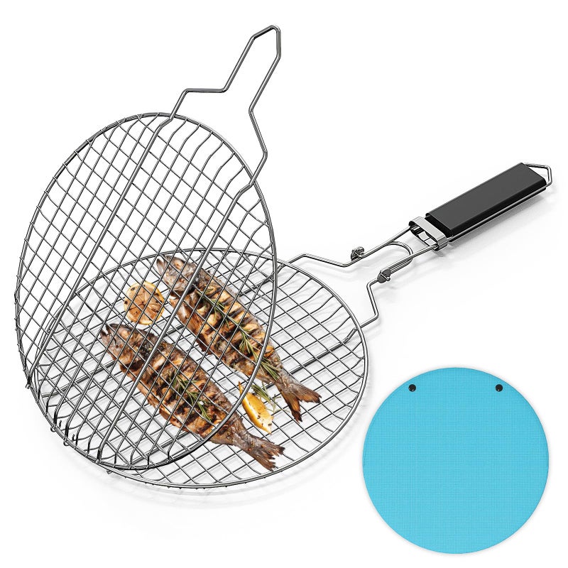 Linkidea Round Portable BBQ Grill Basket Stainless Steel Fish Grill Rack with Removable Secure Locking Handle Grill Accessories for Outdoor Grill Vegetables Fishes Shrimp