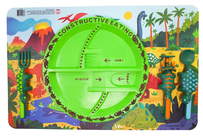 Constructive Eating Made in USA Toddler Dining Set: Kids Placemats for Dining Table with Plate & Utensils, Perfect Toddler Gifts for 2 Year Old, Toddler Forks and Spoons for Picky Eater (Dinosaur) - Image 2