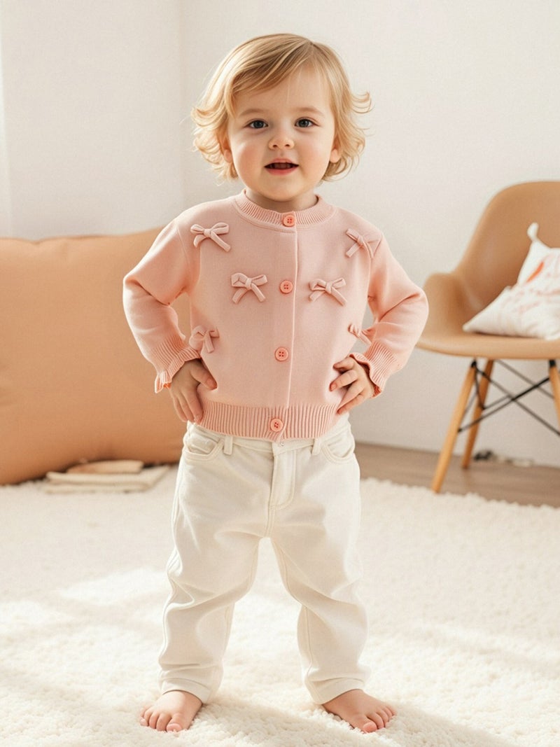 Toddler Baby Girl Knitted Cardigan 3D Bow Long Sleeve Crew Neck Button-up Sweater Casual Winter Fall Clothes - Image 4