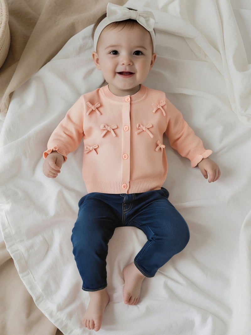 Toddler Baby Girl Knitted Cardigan 3D Bow Long Sleeve Crew Neck Button-up Sweater Casual Winter Fall Clothes - Image 5