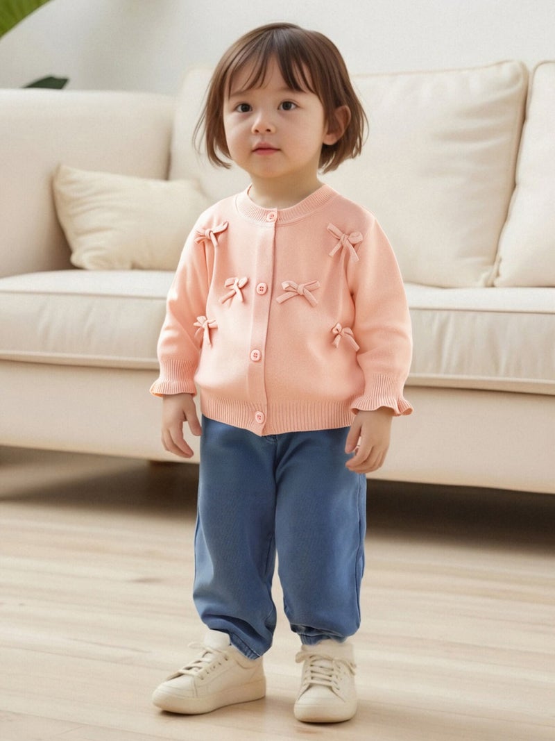 Toddler Baby Girl Knitted Cardigan 3D Bow Long Sleeve Crew Neck Button-up Sweater Casual Winter Fall Clothes - Image 1