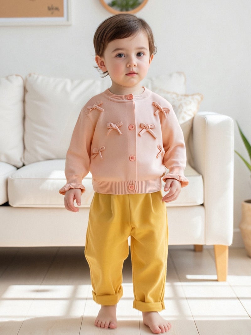 Toddler Baby Girl Knitted Cardigan 3D Bow Long Sleeve Crew Neck Button-up Sweater Casual Winter Fall Clothes - Image 2