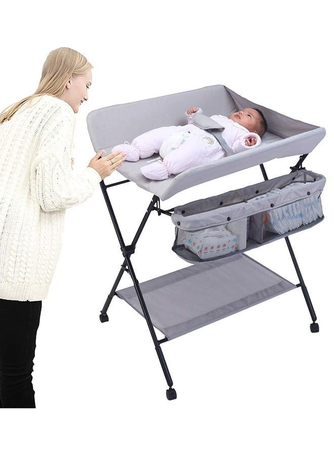 WALALLA Portable Foldable Baby Diaper Changing Table With Wheels, Mobile Nursery Organizer For Newborn Essentials - Grey - Image 2