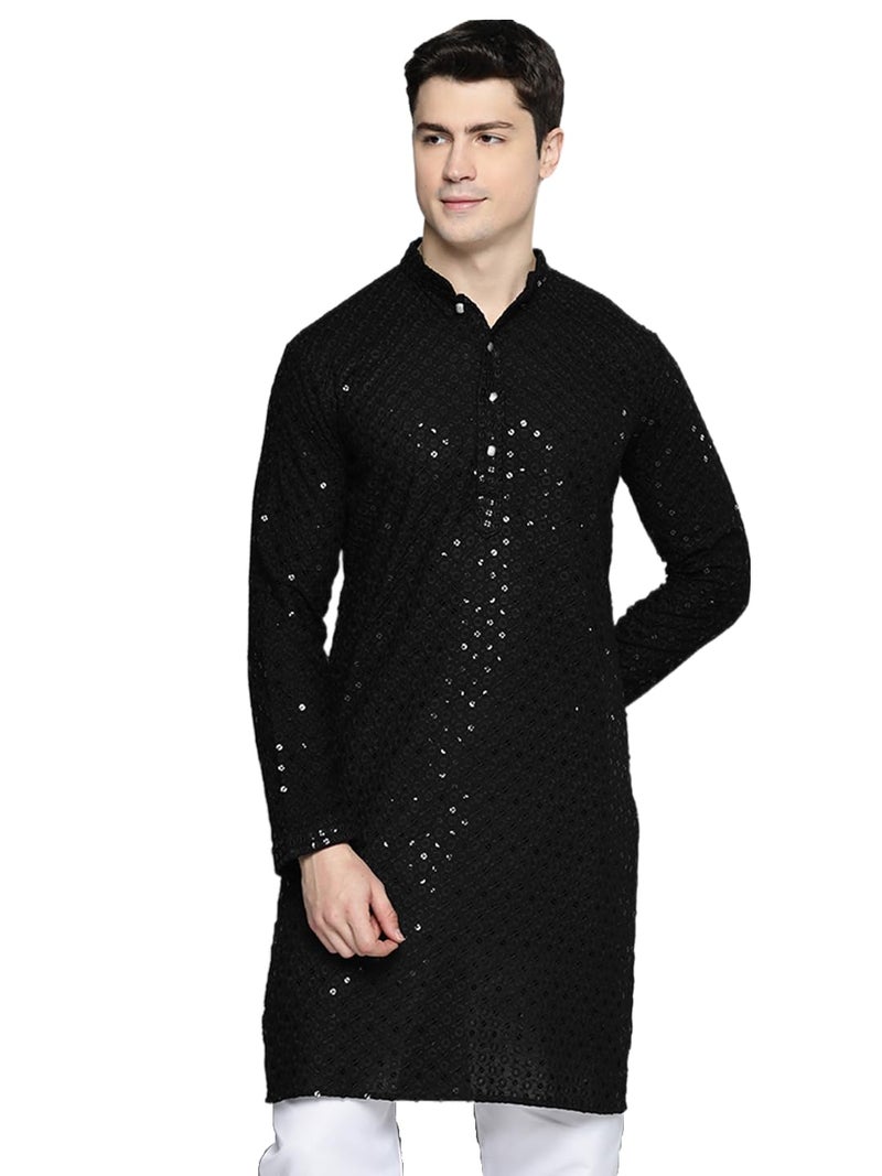 Jompers Black Embroidered & Sequins Cotton Kurta for Men - Image 1