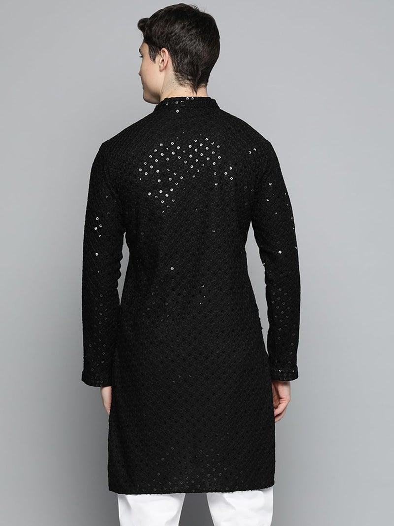 Jompers Black Embroidered & Sequins Cotton Kurta for Men - Image 2