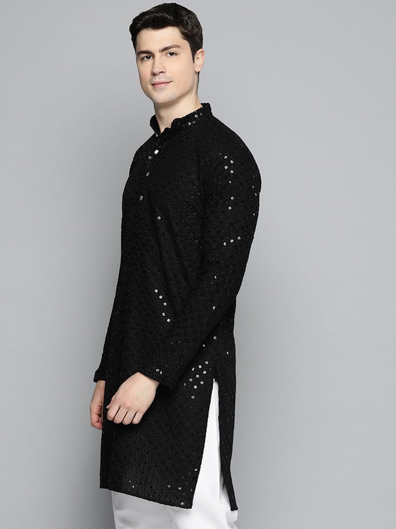 Jompers Black Embroidered & Sequins Cotton Kurta for Men - Image 3