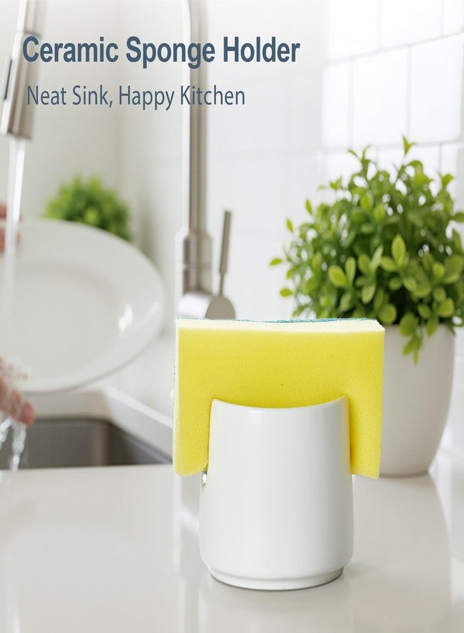 ONEMORE Ceramic Sponge Holder for Kitchen Sink, Kitchen Sink Organizer with Drain, Dish Sponge and Soap Holder for Sink Counter, Cute Corner Ceramic Sponge Holder, In Sink Sponge Storage, White - Image 2