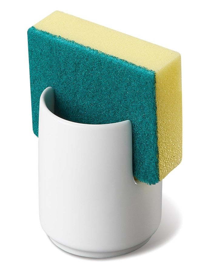 ONEMORE Ceramic Sponge Holder for Kitchen Sink, Kitchen Sink Organizer with Drain, Dish Sponge and Soap Holder for Sink Counter, Cute Corner Ceramic Sponge Holder, In Sink Sponge Storage, White - Image 1