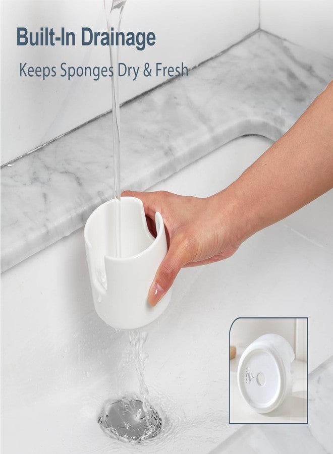 ONEMORE Ceramic Sponge Holder for Kitchen Sink, Kitchen Sink Organizer with Drain, Dish Sponge and Soap Holder for Sink Counter, Cute Corner Ceramic Sponge Holder, In Sink Sponge Storage, White - Image 5