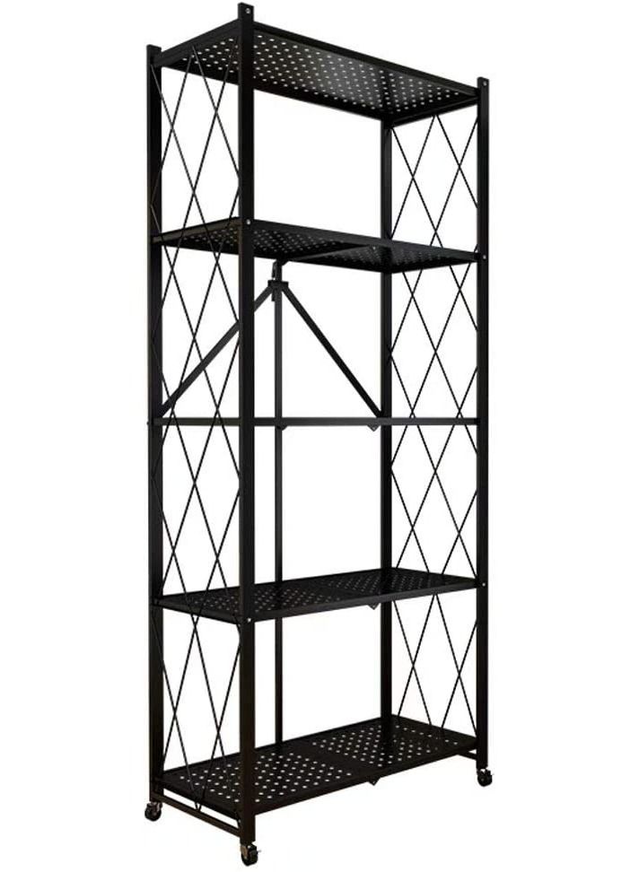 DubaiGallery 5-Tier Kitchen Shelving Organizer Cart with Wheels, Folding Kitchen Storage Cart Trolley Cart, Metal Rolling Cart Trolley, No Installation Required, Black - Image 1