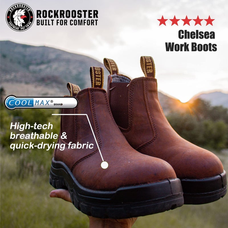 ROCKROOSTER Lumen Men's Slip On Boots, 6" Soft Toe Chelsea Work Boots, Oiled Leather Rubber Boots, Arch Support, Coolmax, ASTM F2892-18 Electrical Hazard (AK224 Brown, US 10.5) - Image 2
