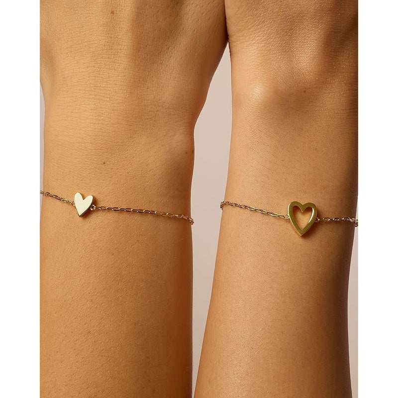 PAVOI 14K Gold Plated Matching Heart Charms Solitaire Bracelet Set for Women | Adjustable Love Friendship Two Bracelet Pack - Image 2