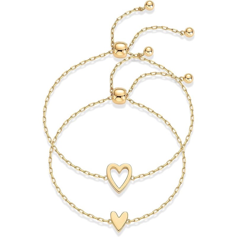 PAVOI 14K Gold Plated Matching Heart Charms Solitaire Bracelet Set for Women | Adjustable Love Friendship Two Bracelet Pack - Image 1