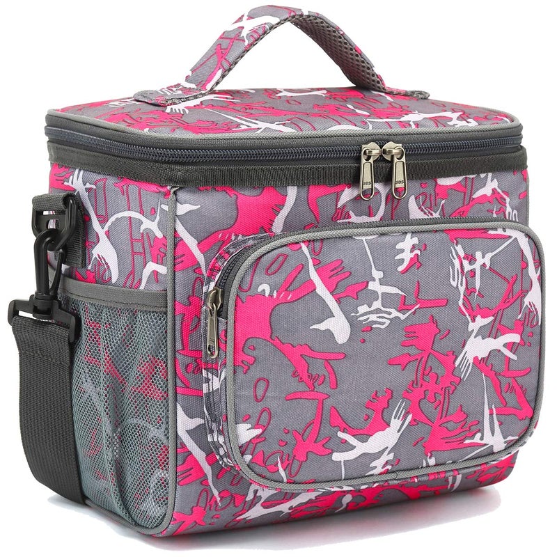 FlowFly Insulated Reusable Lunch Bag Adult Large Lunch Box for Women and Men with Adjustable Shoulder StrapFront Zipper Pocket and Dual Large Mesh Side PocketsGraffiti