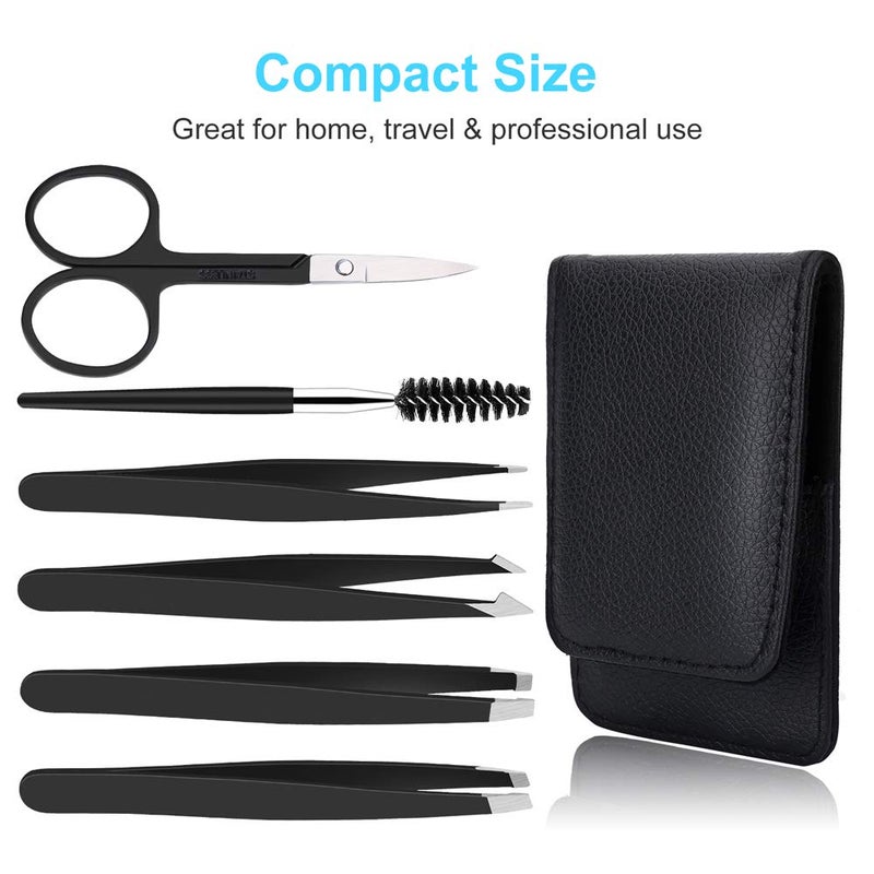 UUBAAR 6 PCS Professional Tweezers Set - Stainless Steel Precision Tweezer Kit for Eyebrows, Facial Hair, Ingrown Hair & Splinter Removal with Travel Case (Black) - Image 2