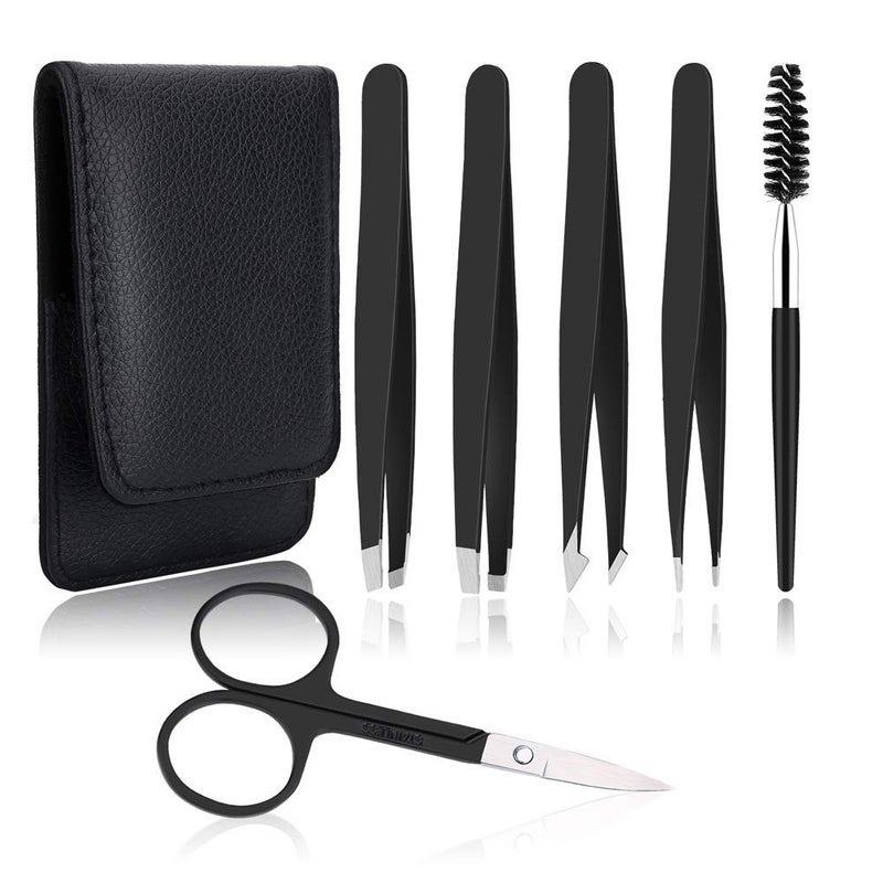 UUBAAR 6 PCS Professional Tweezers Set - Stainless Steel Precision Tweezer Kit for Eyebrows, Facial Hair, Ingrown Hair & Splinter Removal with Travel Case (Black) - Image 1