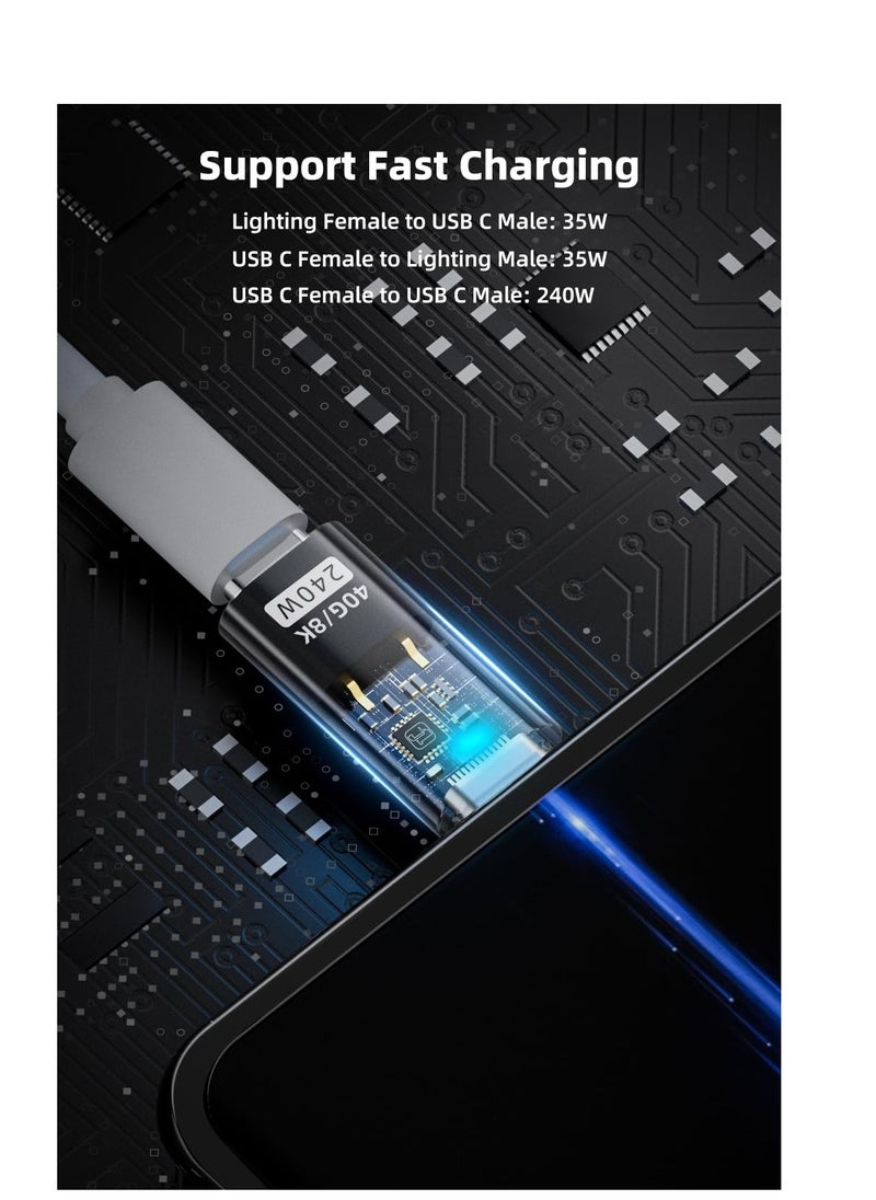 Generic - 35W/480Mbps USB-C Male to Lightning Female Adapter, 240W/40Gbps USB-C Male to Female Extender, 35W/480Mbps USB-C Female to Lightning Male Converter (3-Pack, Transparent Black) - Image 1