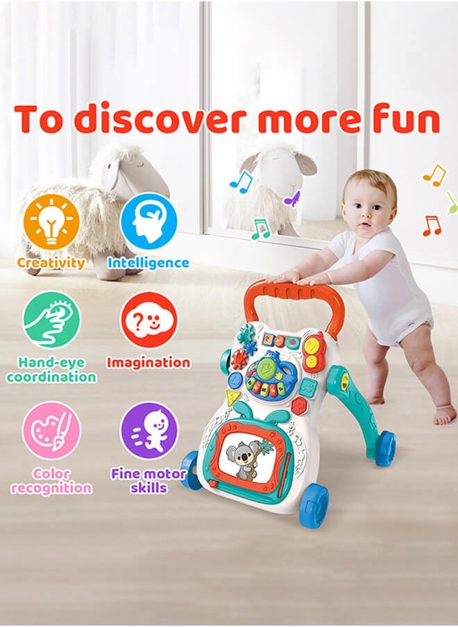 Trolley Walker With 4-in-1 Baby Walker with Educational Learning Machine, Music, Drawing Board & Shape Sorter – Sit-to-Stand Toddler Activity Center with Adjustable Speed & Weight Tank for Boys & GirlsMusic