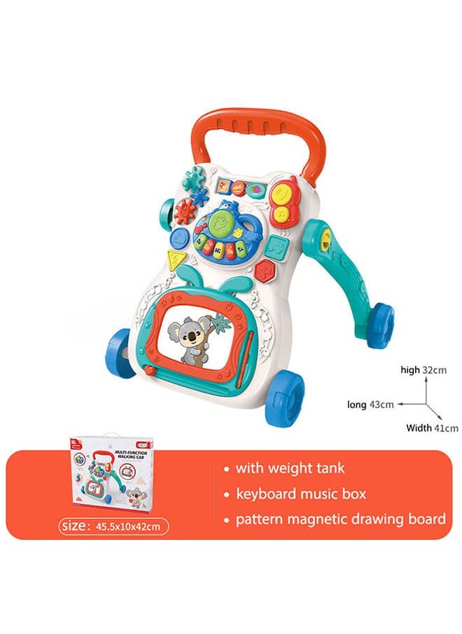 Trolley Walker With 4-in-1 Baby Walker with Educational Learning Machine, Music, Drawing Board & Shape Sorter – Sit-to-Stand Toddler Activity Center with Adjustable Speed & Weight Tank for Boys & GirlsMusic